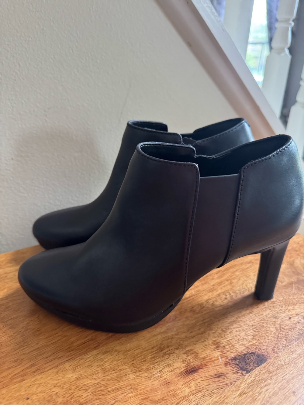 Clarks Black Leather Ankle Booties with Block Heel
